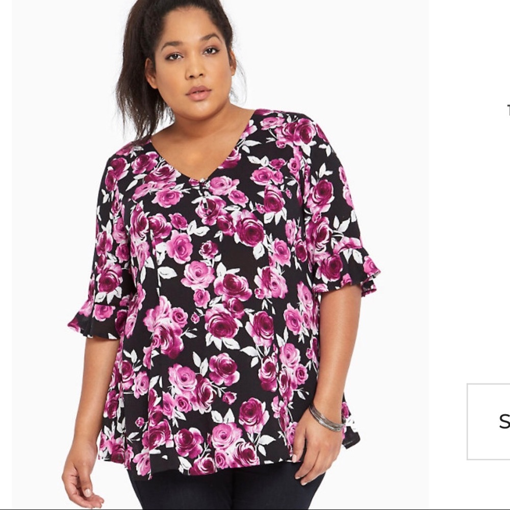Torrid Floral Rose Print Bell Sleeve Tunic Blouse